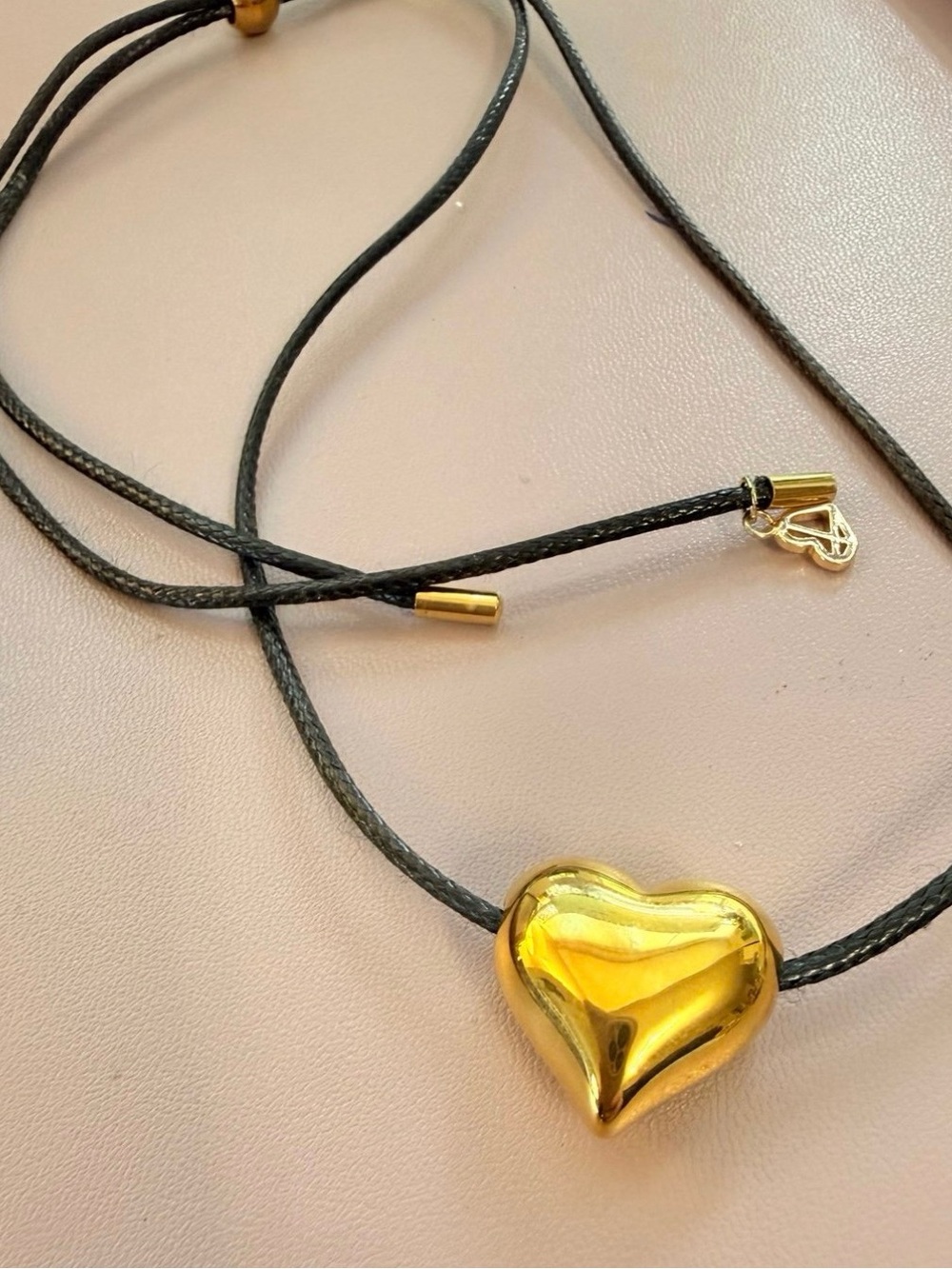 Gold Heart Pendant Necklace on Black Cord
